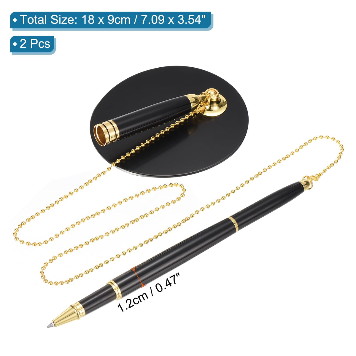 PATIKIL Secure Pen with Chain and Adhesive Pen Holder, 2Pcs Reception Counter Desk Pen with Security Pen Holder for Office Bank Hotel Lobby, Black Gold