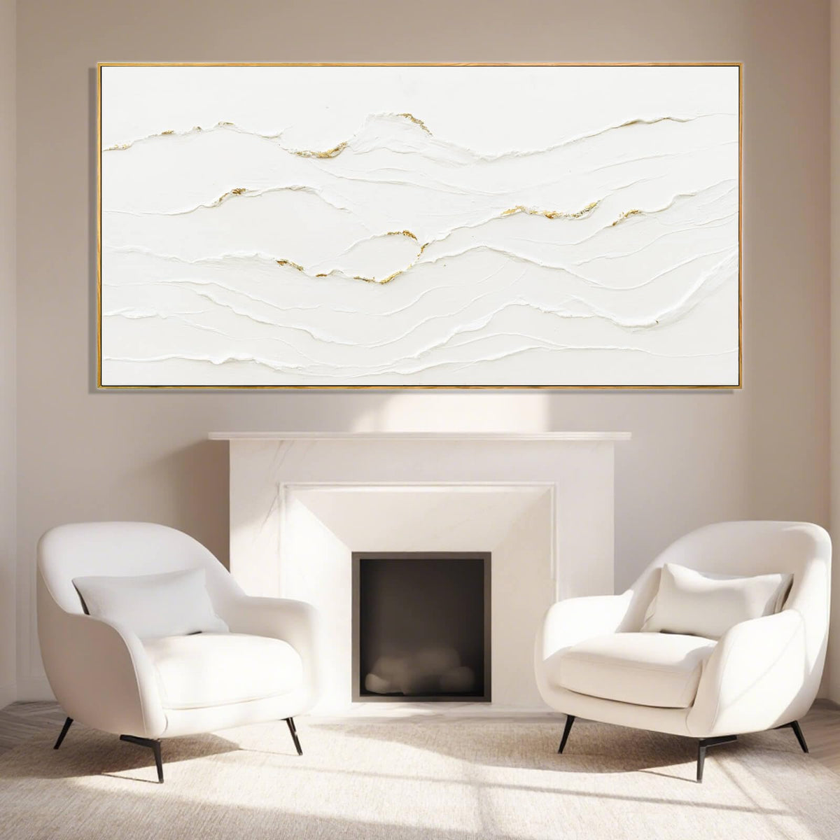 WINKAILIN Large Wavy Line White Abstract Wall Art with Frame Minimalist Modern Hand drawn Painting Textured Poster for Living Room Dining Room Bedroom Decor 29"x58"