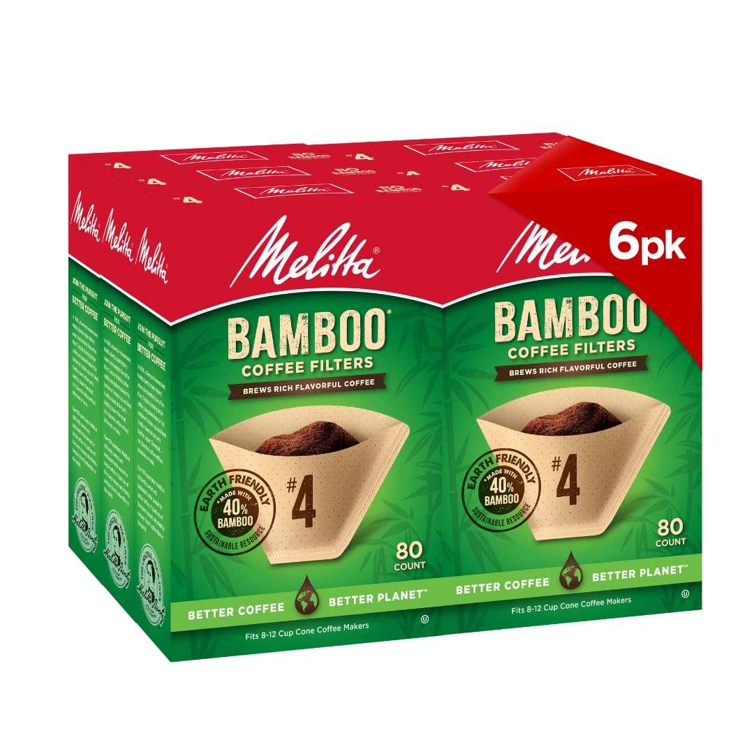 Melitta #4 Cone Coffee Filters, Bamboo, 80 Count (Pack Of 6), 480 Total Filters - Fits all 8-12 Cup Cone Coffee Makers and Pour-Overs, Compostable, Tear-Resistant, Made in USA
