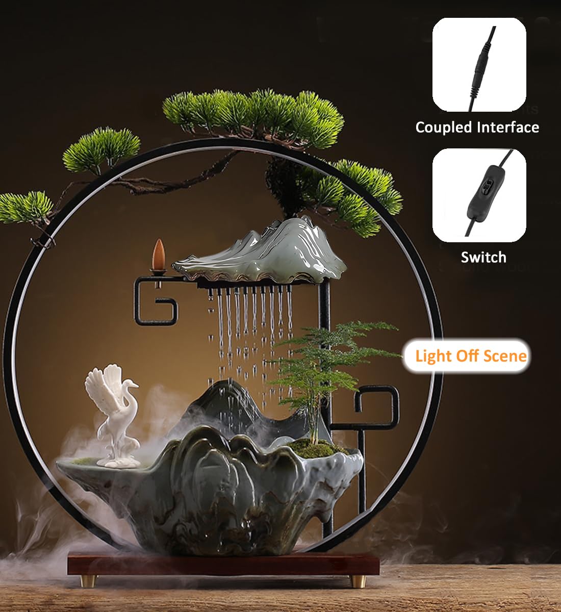 Tabletop Water Fountains Indoor Waterfall Fountain with Mist LED Light Feng Shui Wealth Desk Fountain with Backflow Incense Holder Zen Decor for Meditation (Crane)