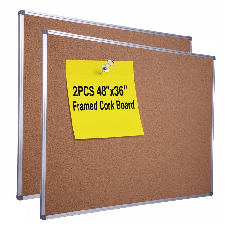 2-Pack Cork Notice Board 48 x 36 Inch, Aluminum Frame Bulletin Board for Walls, Large Self-Healing Cork Board for Office, School, and Home, Hanging Notice Board with 10 Push Pins (4x3 Ft)