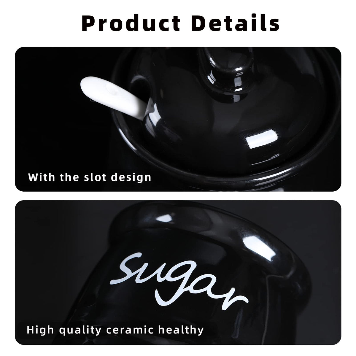12oz Sugar and Salt Bowls with Lid and Spoon, Ceramics Condiment Pots,Seasoning Jar Spice Container for Kitchen,Dishwasher Safe (Black)