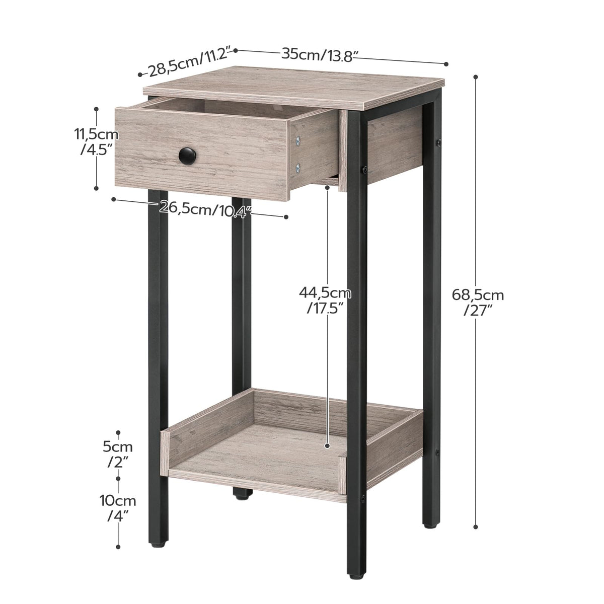 HOOBRO Tall End Table, Nightstand, Industrial Side Table with Drawer and Storage Shelf, for Study, Bedroom, Space Saving, Greige and Black BG71BZ01