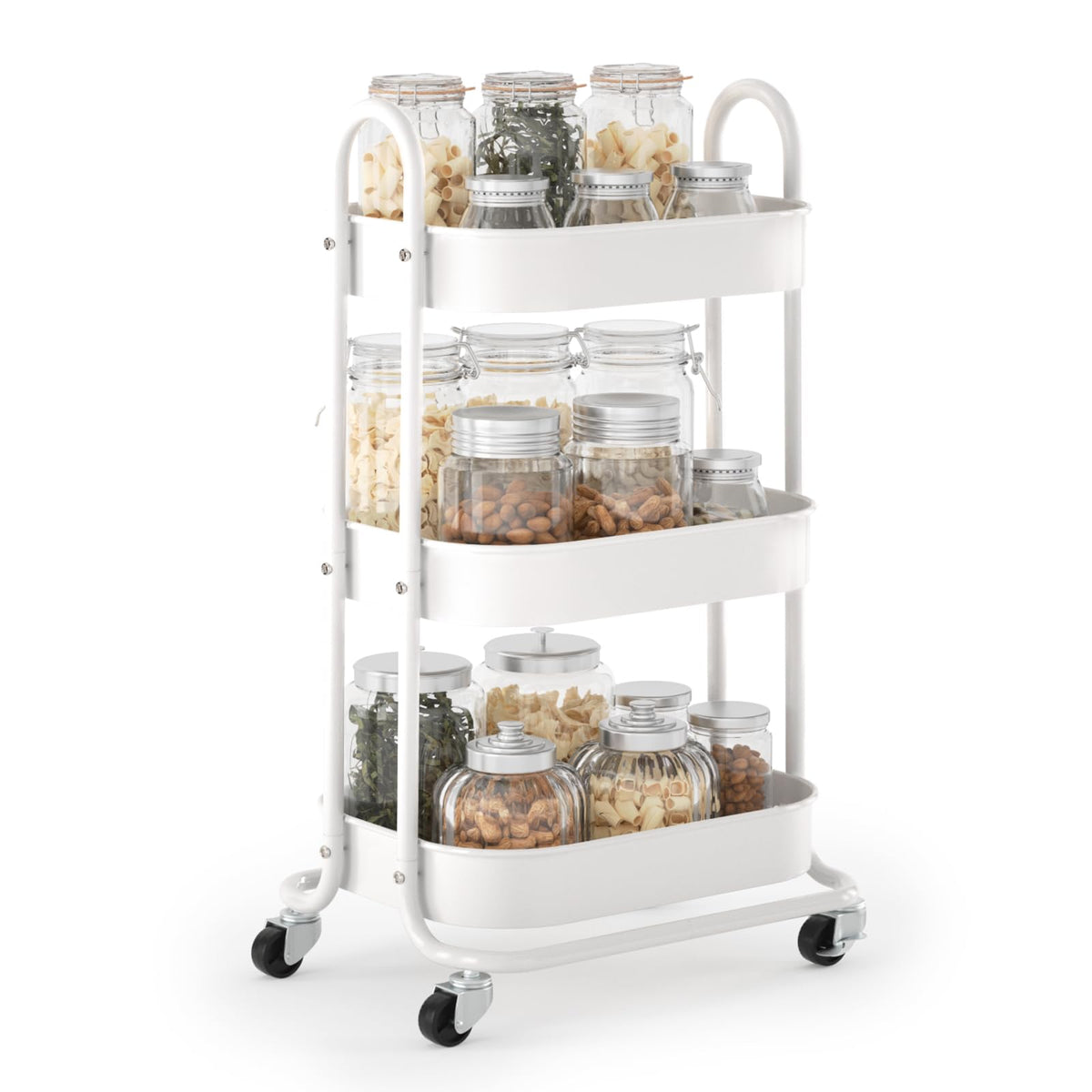 EAGMAK 3 Tier Rolling Cart, Round Metal Utility Cart with Lockable Wheels, Storage Cart Organizer Trolley with Mesh Shelves for Living Room, Kitchen, Bedroom, Office(White)