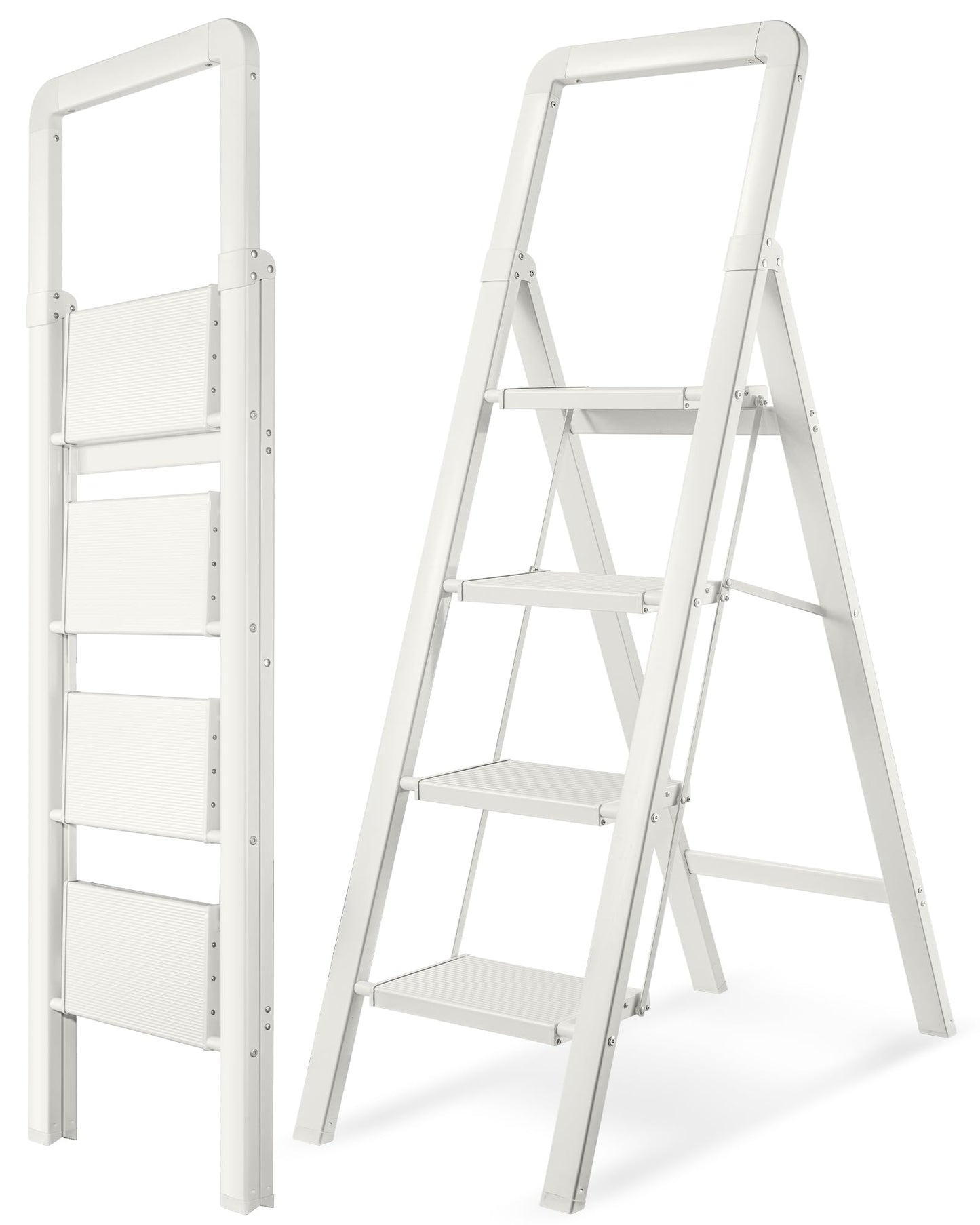 BIBKOKE Step Ladder 4-Step White Finish Aluminum Folding Step Ladders,Anti-Slip Max 330 lbs
