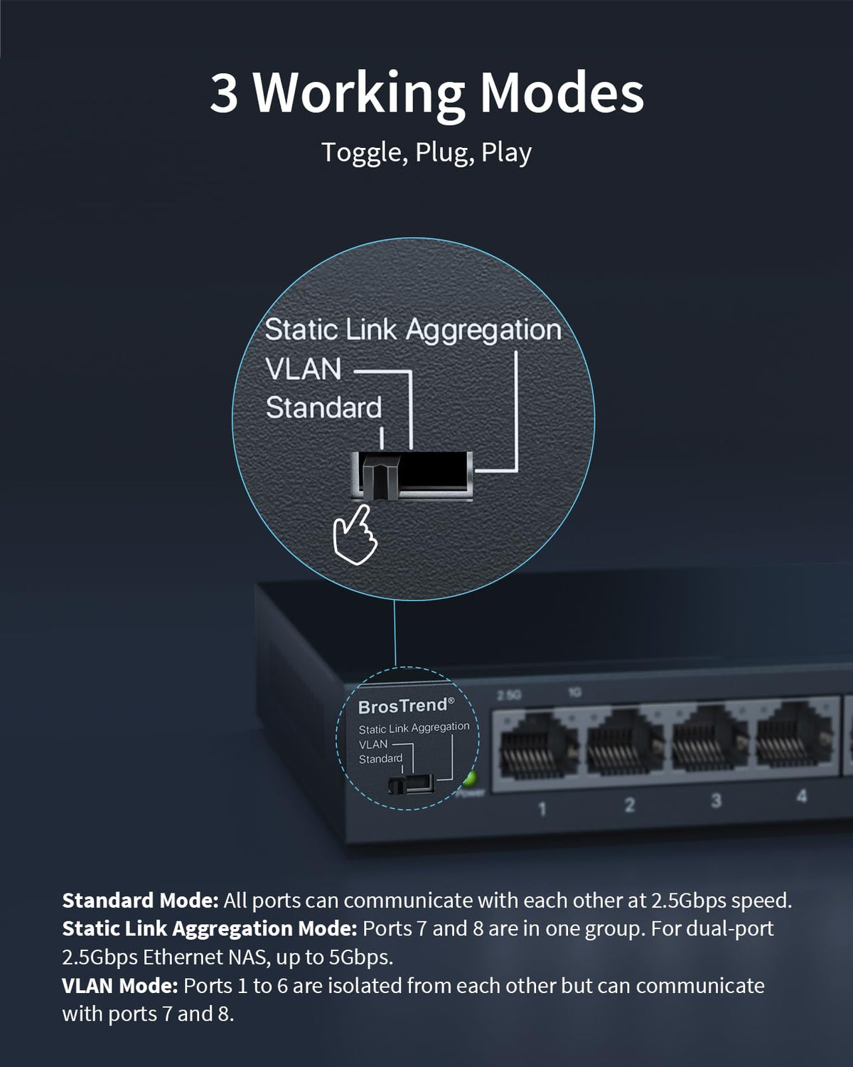 BrosTrend 2.5Gb Switch, Unmanaged 8 Port Ethernet Switch 2.5 Gigabit Supports Static Link Aggregation & VLAN, Fanless, Desktop Wall Mount, Multi Gig Splitter for Gaming, NAS, PC, Lifetime Protection
