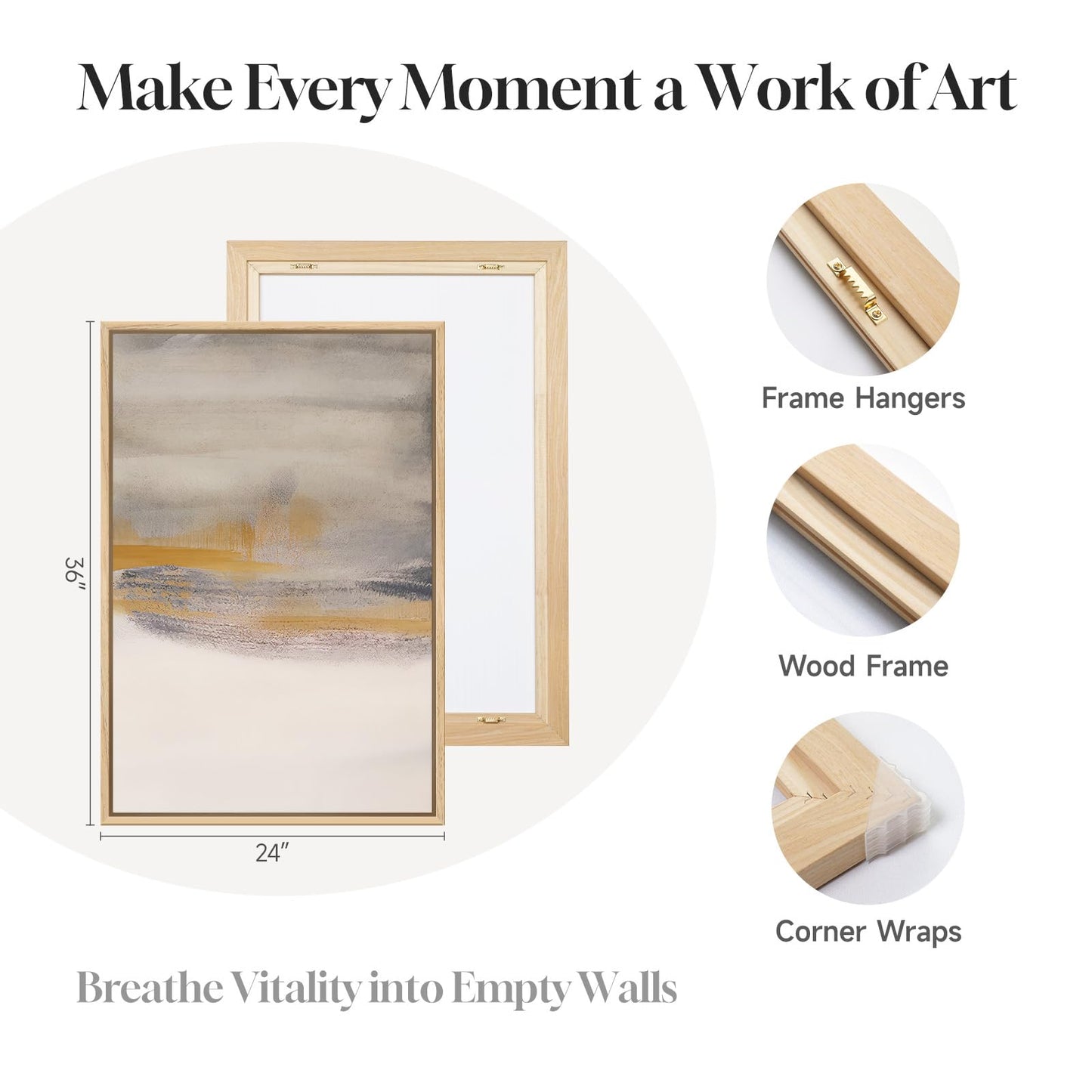 Framed Large Neutral Abstract Wall Art, Set of 3 Canvas Modern Prints Paintings, Minimalist Landscape Beige Gray Picture Artwork Decor for Living Room Bedroom Office 24x36 Inch