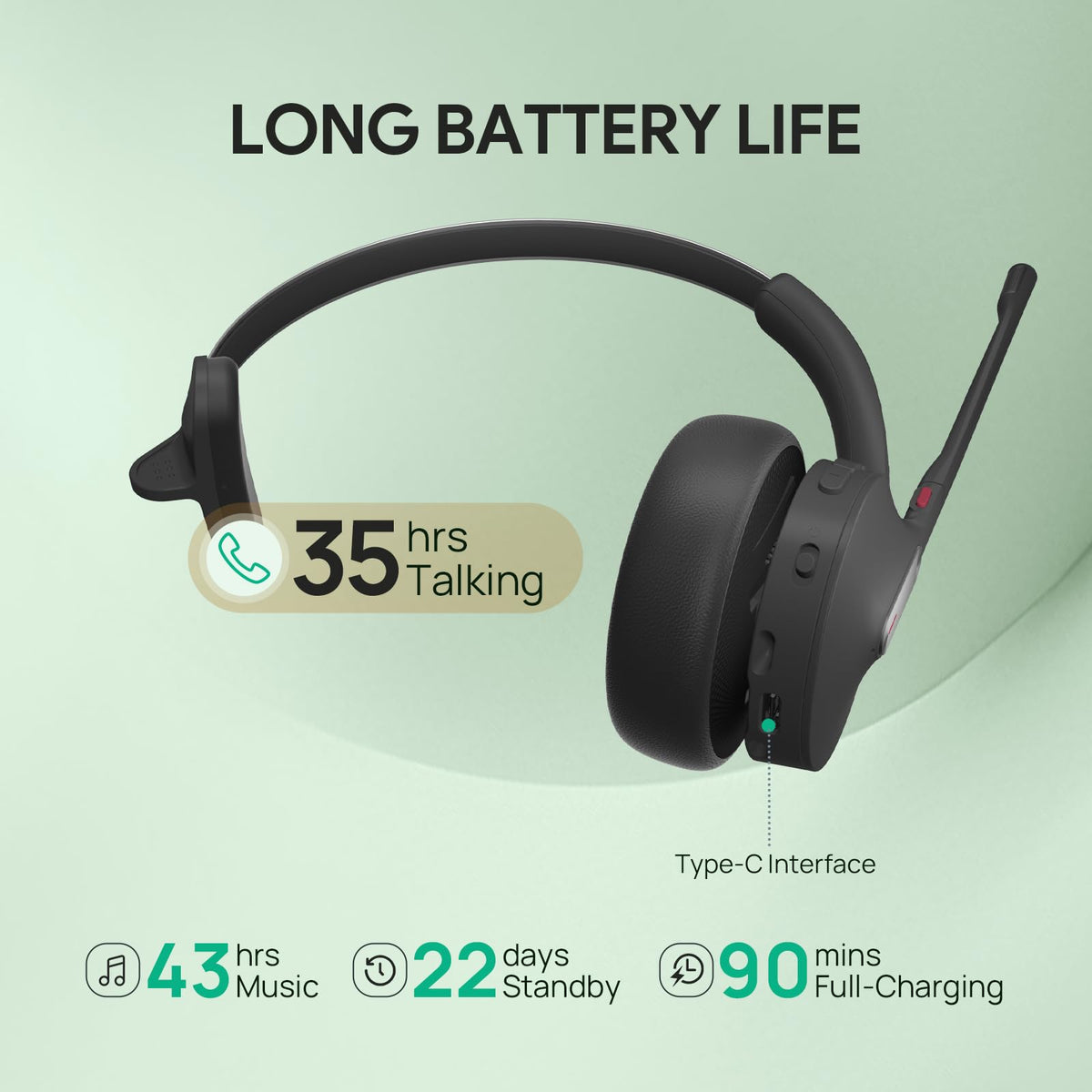 Yealink BH70 Mono Teams Wireless Headset with Mic for Work, Microsoft Teams Certified Bluetooth Headphone for 35h Calling, 91g All-Day Wearing Comfort, Perfect for Open Office, USB-C/A