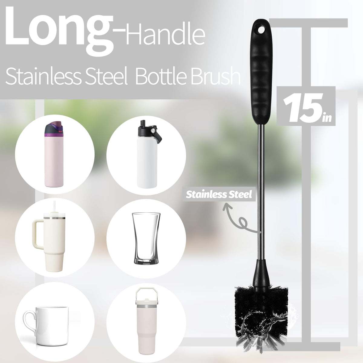 Bottle Brush Set 4 Pack - 15 Inch Long Handle Bottle Brush Cleaner with Stainless Steel Shaft, Straw Cleaner Brush and Lid Brush for Bottles, Thermos, Glasswares, Mugs, Cups, Tumblers