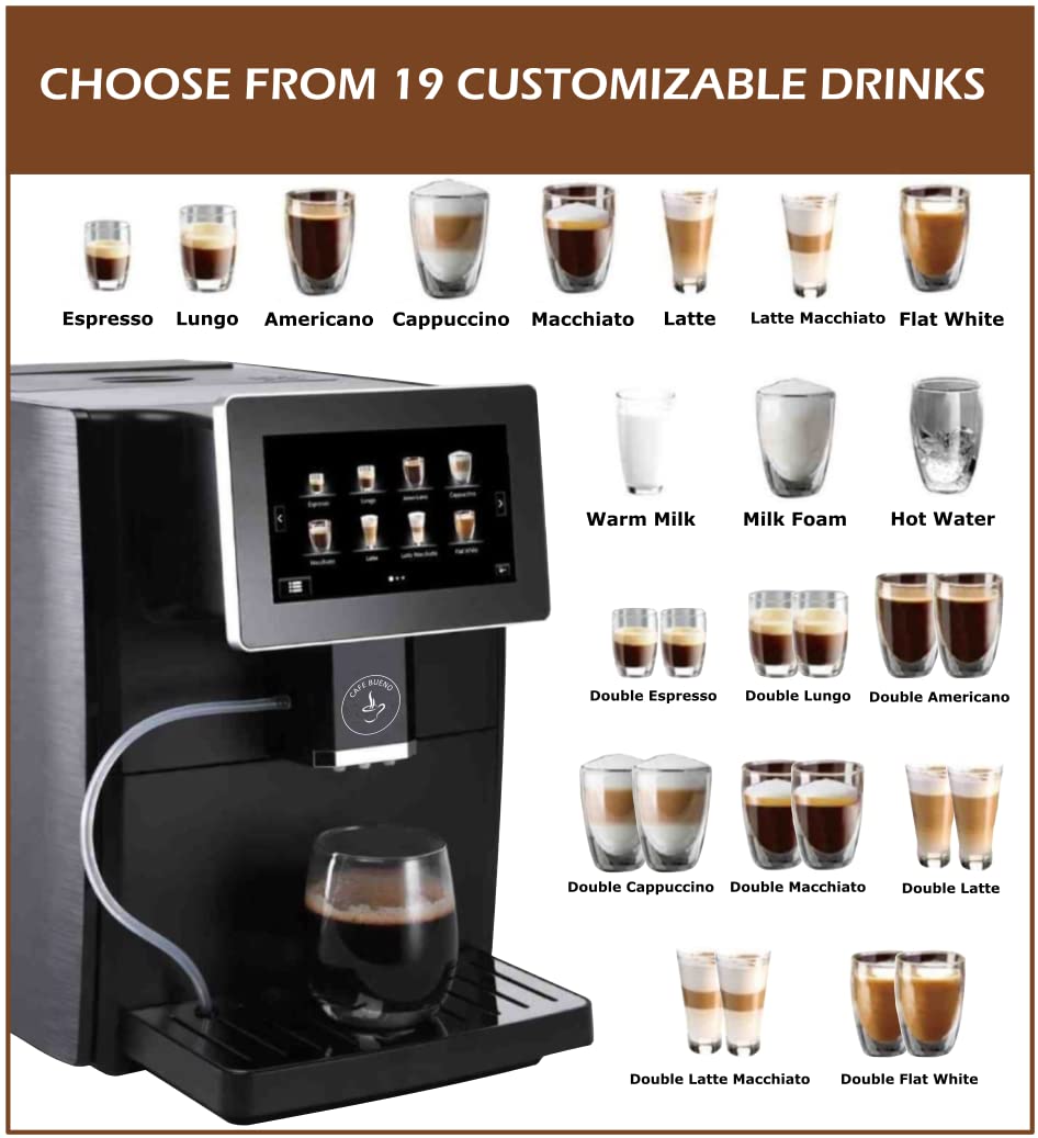 Cafe Bueno Super Automatic Espresso Machine For Home - Coffee Machine With Grinder & Milk Frother For Latte, Cappuccino, Macchiato - Auto Wake & Sleep – All Milk Types