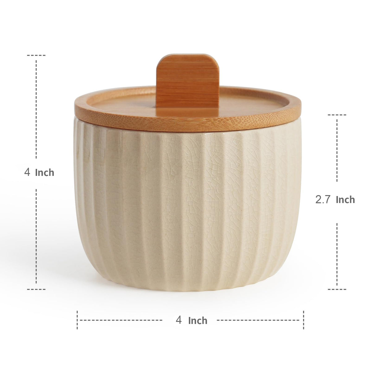 Lunavita Salt Cellar Keeper with Bamboo Lid, 14oz Big Capacity Ceramic Sugar Bowls Pepper Box, Crackle Glaze Seasoning Container Condiment Pot for Kitchen, (Cream Color), 4″×4″