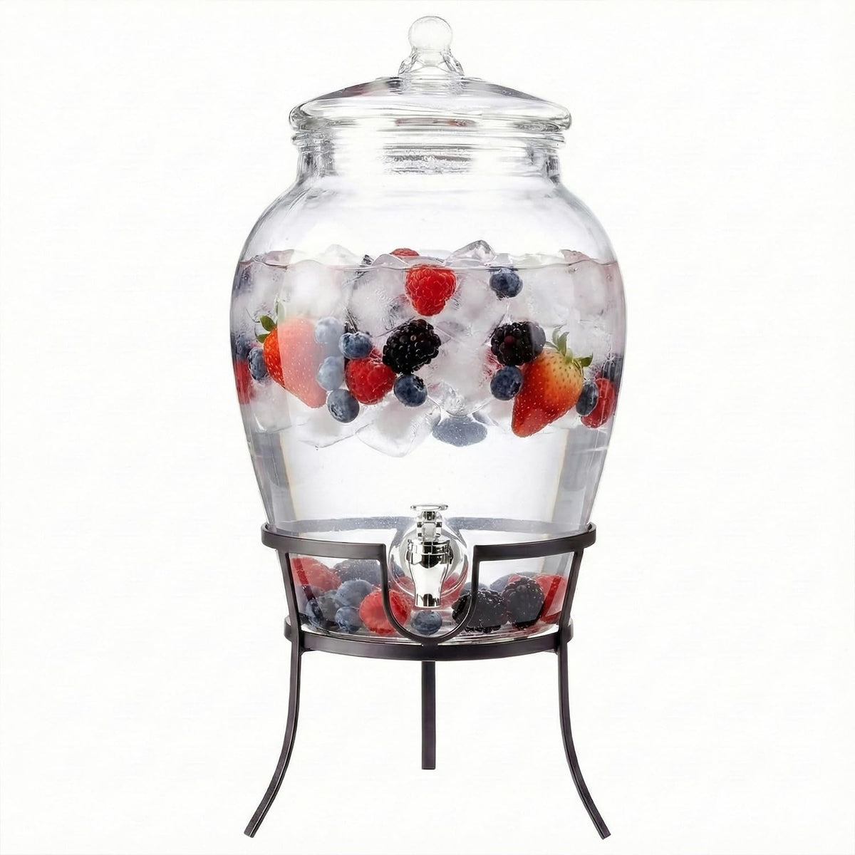 Style Setter Beverage Dispenser Cold Drink Dispenser Glass Jug, Metal Stand & Leak-Proof Acrylic Spigot Great for Parties, Weddings & More (With Metal Rack)