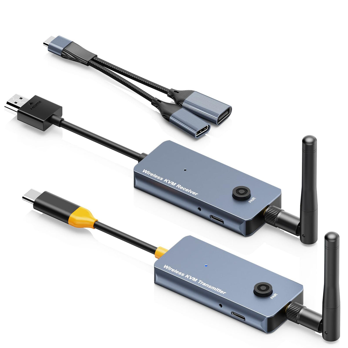 650Ft/200M Wireless USB-C to HDMI KVM Transmitter and Receiver Kit 1080P@60Hz Wireless KVM Long-Range USB Extender Support Screen Streaming & Keyboard/Mouse Signal Extension, PD100W Fast Charging