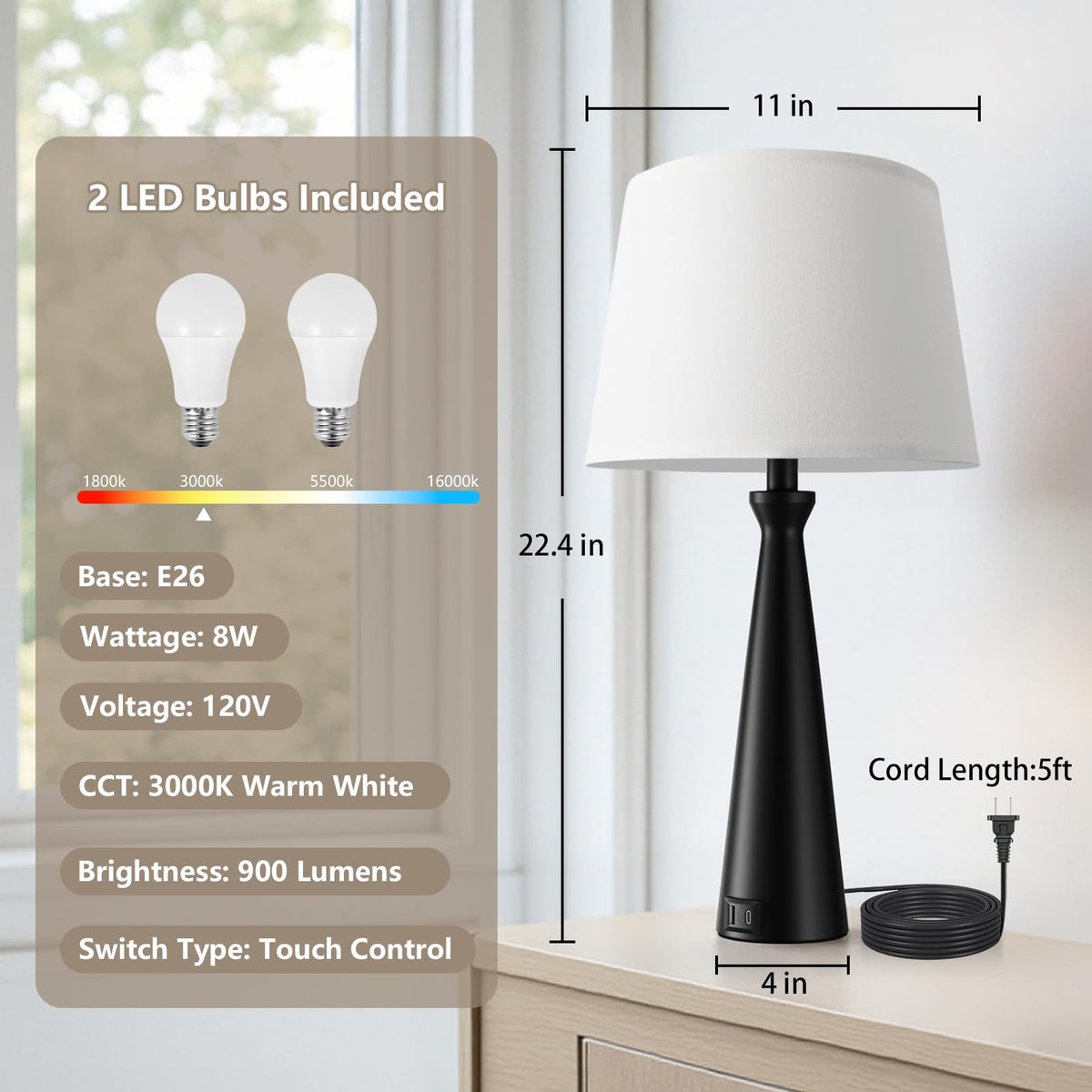 Seealle Modern Table Lamps Set of 2 - Touch Bedside Lamp for Nightstand with Dual USB C+A,3-Way Dimmable Black Nightstand Lamps for Living Room Bedroom End Table(Bulb Included)