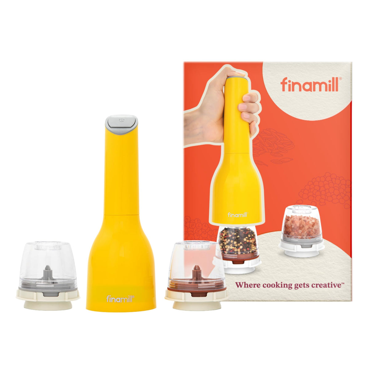 FinaMill Classic Battery Spice Mill – Battery Operated Salt and Pepper Grinder Set, Includes 2 Interchangeable Spice Pods, Adjustable Coarseness, LED Light, Home and Kitchen Gift Set for Father's Day
