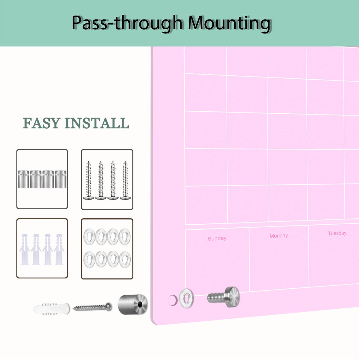 Marribol Large Acrylic Calendar for Wall,24"X16",Acrylic Dry Erase Calendar for Wall,Pink Dry Erase Board for Home/Office