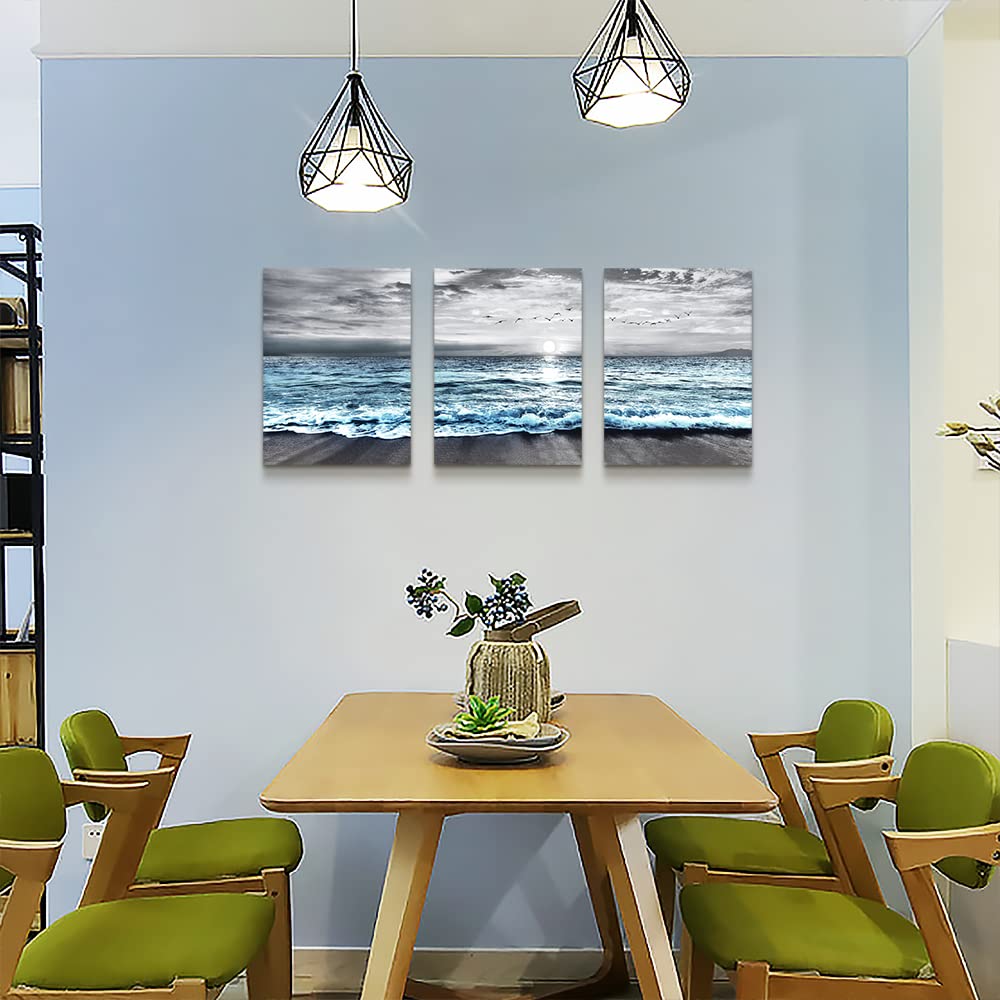DZRWUBHS Wall Decorations For 3 Piece Framed Canvas Art Bedroom Office Decor Black &White Painting Blue Ocean Sea Wave Pictures Artwork Modern Beach Posters Home Decor,Blue Ocean Landscape Paintings
