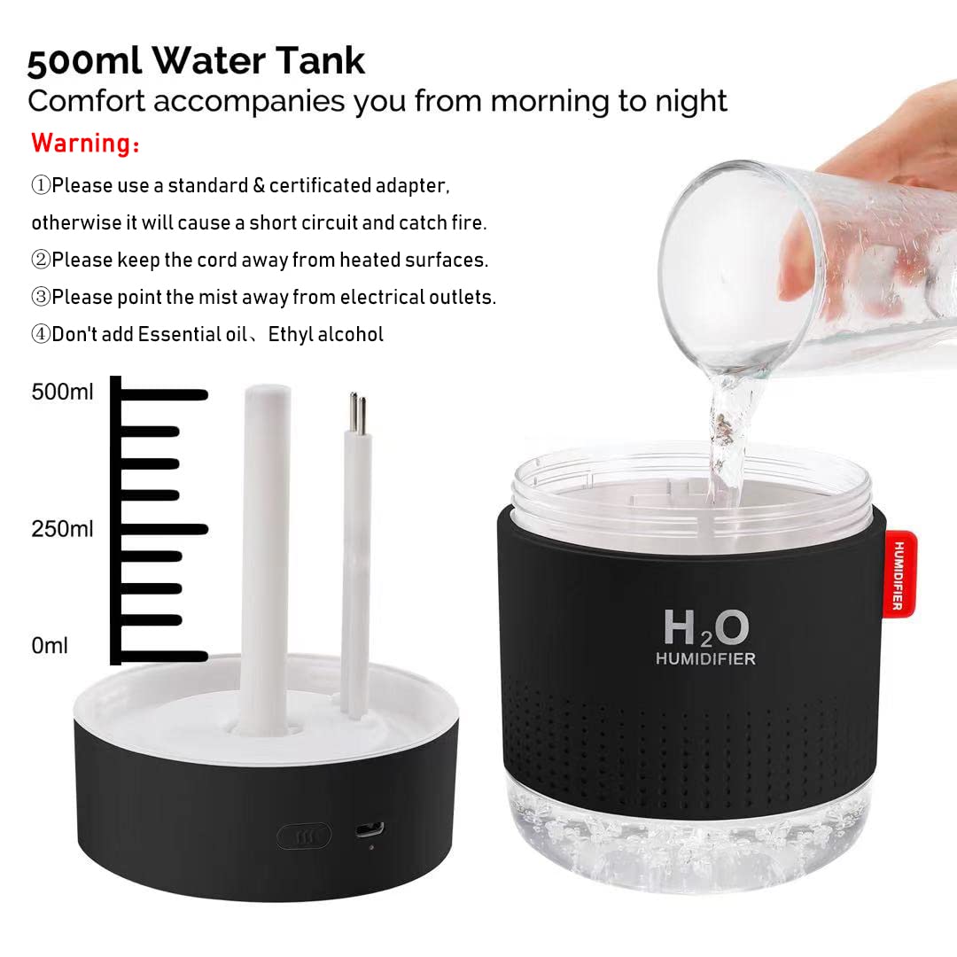 Portable Mini Cool Mist Humidifier, 500ml USB Personal Desktop Humidifier for Baby Bedroom Travel Office Home, Auto Shut-Off, 2 Mist Modes, Super Quiet (Black)
