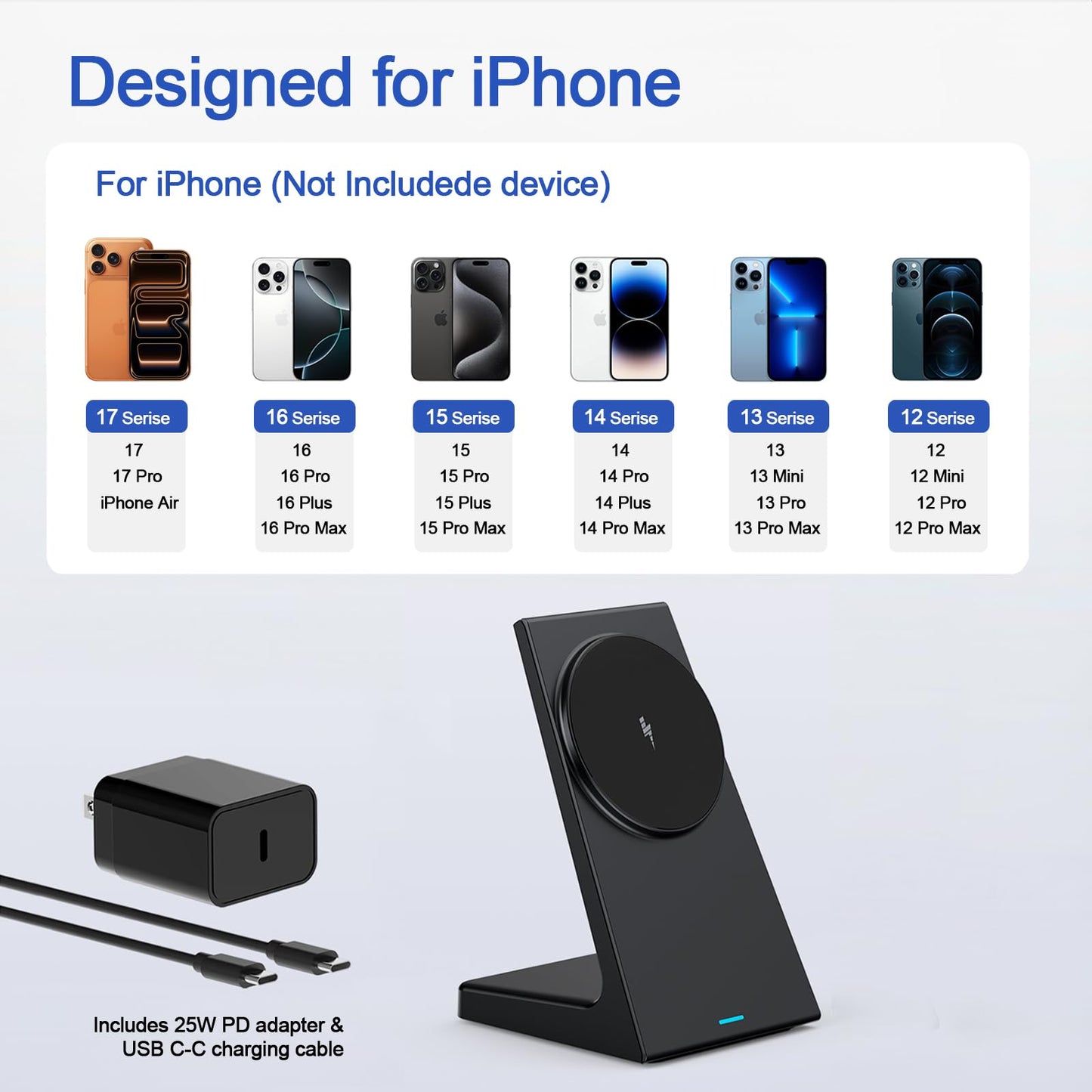 Wireless Charging Station - Magnetic Charger for iPhone 17/16/15/14/13/12 Series, Compatible with Apple, Stable Wireless Charger Stand for Desk & Bedside, Gifts for Men/Women