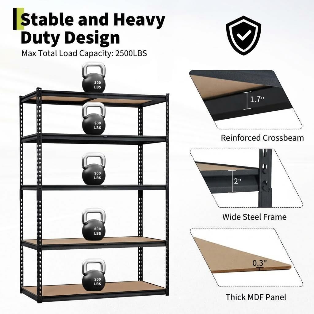 Heavy Duty 5-Tier Garage Storage Rack – Adjustable Metal Shelving Unit, 2500 lbs Capacity, 48"W x 24"D x 72"H, Boltless Steel Frame, MDF Boards – For Basement, Pantry, Laundry, Warehouse