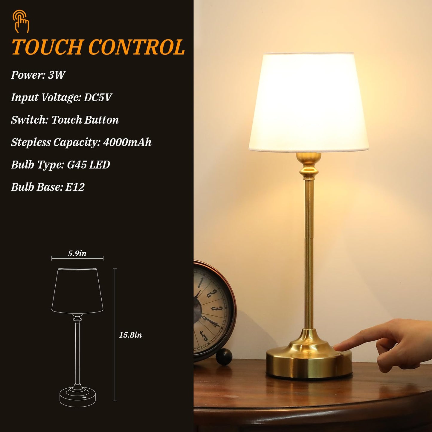 Cordless Table Lamp Rechargeable Gold - 1 Pack Brass 4000mAH Battery Operated Lamp for Decor, 3000K Stepless Dimming Touch Control Wireless Lamp for Bedroom, Dining Table, Counter, Living Room
