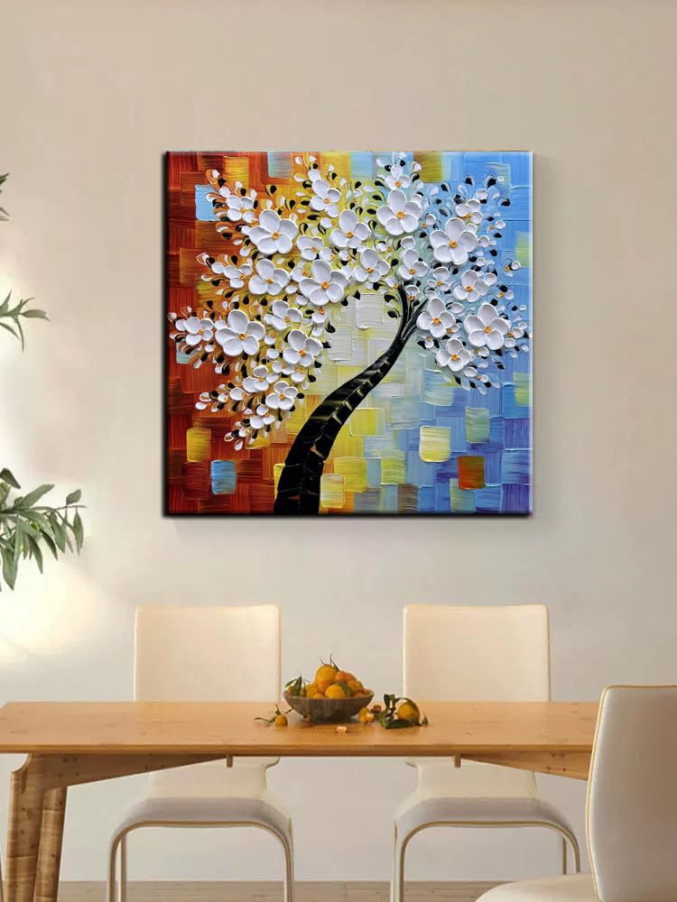 YaSheng Art - 24x24inch Wall Art,Hand Painted oil painting, Modern Abstract Floral Oil Painting, Dining Room Wall Decor, Bedroom Wall Decor, 3D Textured Framed White Floral Paintings, Modern Home Office Wall Decor