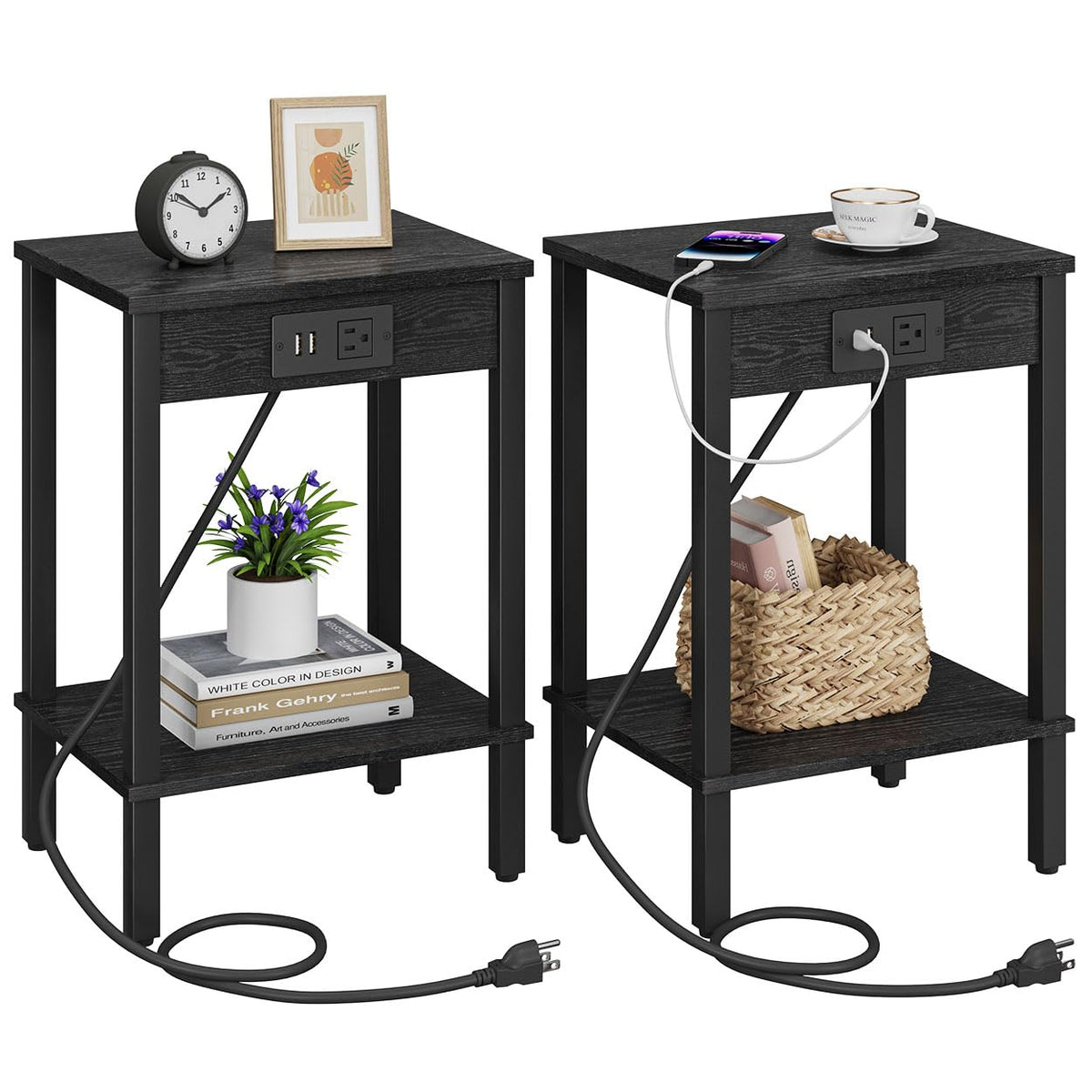 VIMBER Side Table with Charging Station, Set of 2 End Tables with USB Port and Outlets, Nightstands with 2-Tier Storage Shelves, Sofa Table for Small Space, Living Room, Bedroom Black 102B2
