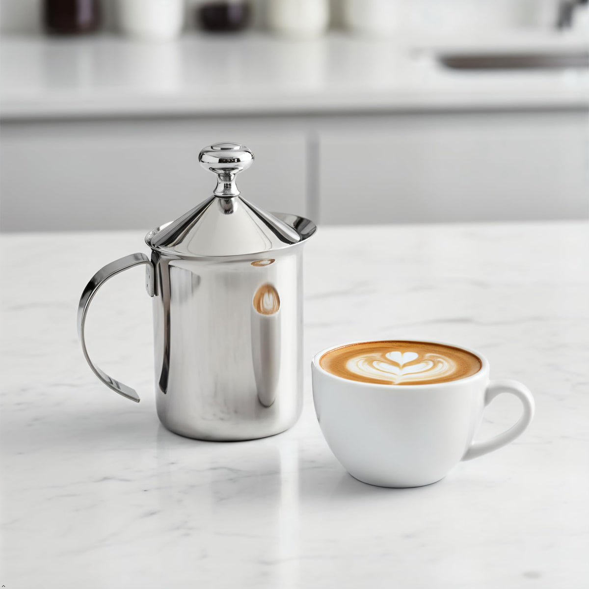 Fino Milk Creamer Frother Cappuccino Foam Pitcher with Handle and Lid, 18/8 Stainless Steel, 14-Ounce Capacity