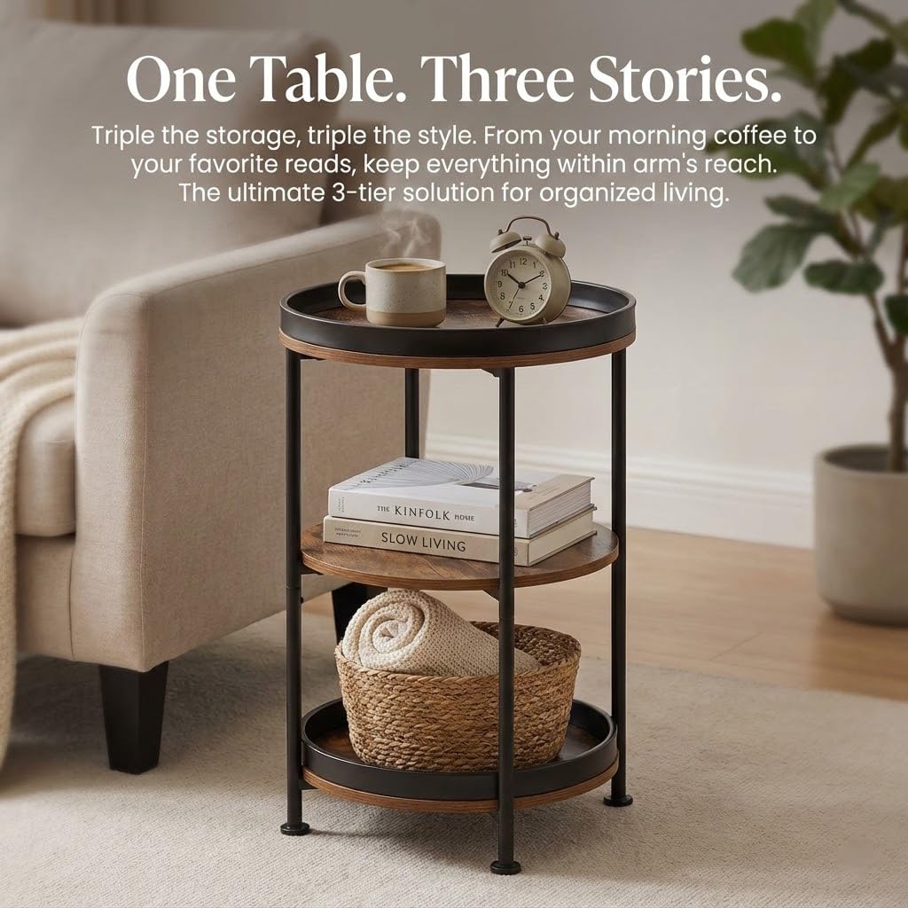 Dulcii Side Table, Round End Table with 3 Storage Shelves for Living Room, Bedroom, Nightstand with Steel Frame for Small Spaces, Industrial Round Sofa Table, Outdoor Accent Coffee Table, Rustic Brown