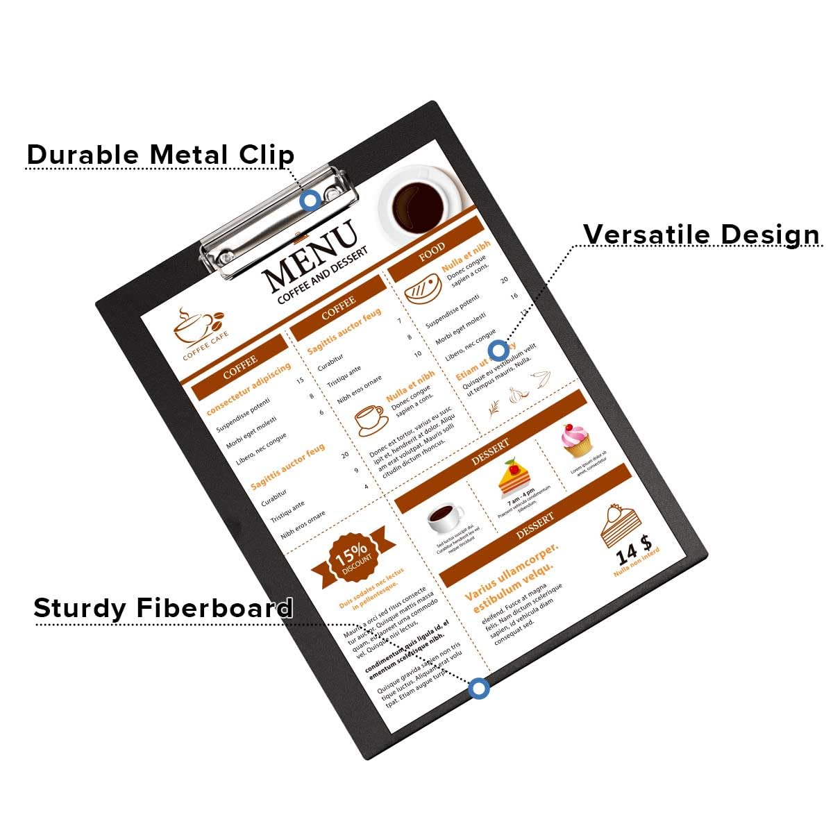 LZMS 4 Packs 9" x 12 1/2" Black Wood Color Clipboards, Menu Holder, Check Presenter with Clips - Suitable for Presenting Menus, Wine Lists and Daily Specials