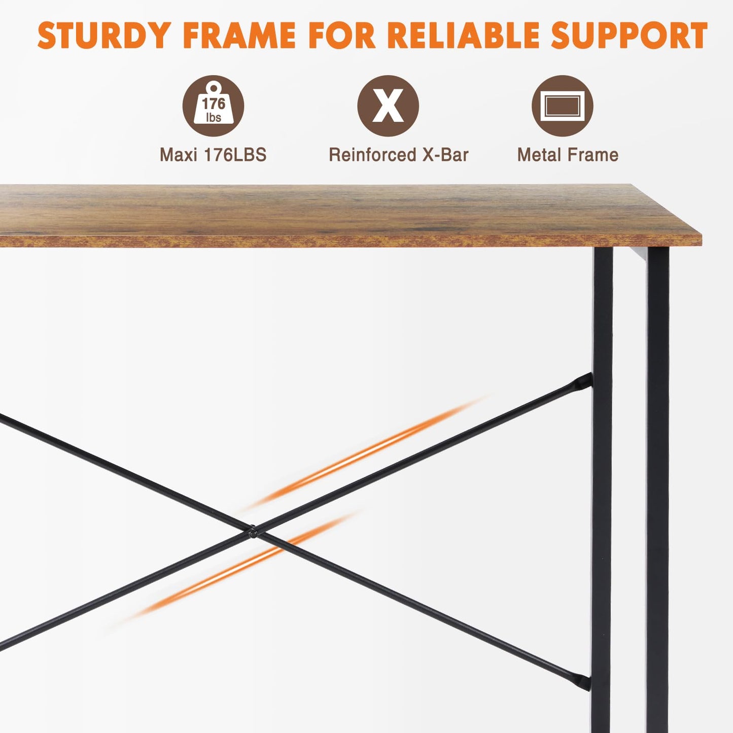 Sweetcrispy Small Computer Desk, 63" Office Writing Desk with Metal Frame & Wooden Top, X-Shaped Reinforcement, Student Study Workstation for Home Bedroom, Brown