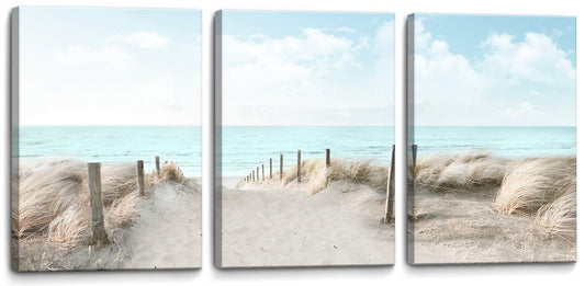 3 Piece Large Canvas Bedroom Wall Art Beach Blue Sea Blue Sky Print Picture Framed Wall Decor for Living Room Bathroom Modern Home Decor Artwork Ready to Hang Coastal Wall Decorations Size 16x24x3