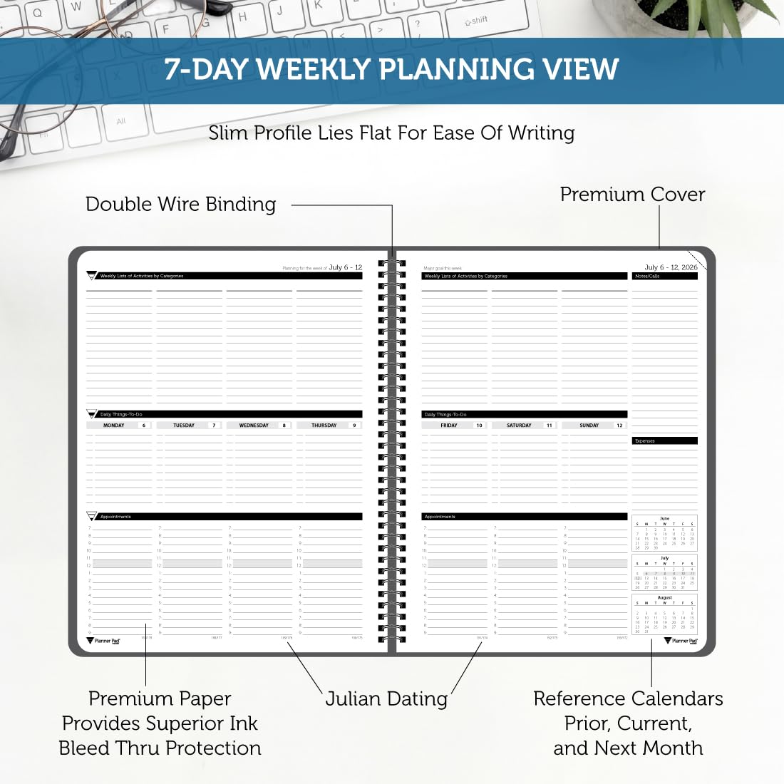 Planner Pad Spiral Bound July 2026 – June 2027 / Academic Year 6 3/4" x 8 1/2" 3-Tier Funnel Down 12 Month Medium Size Organizer, Black Cover/Black Ink