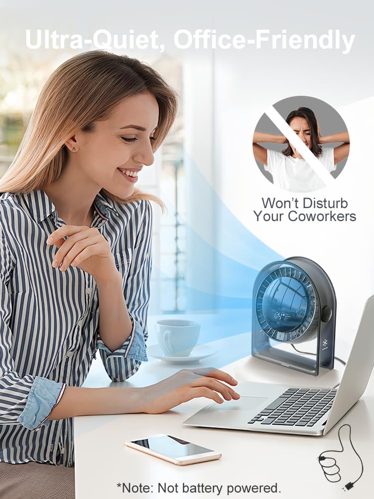 2026 New Desk Fan, Quiet Air Circulator Mini Fan for Bedroom, Portable Smart Display USB Fan, 4 Speeds Strong Airflow, 120°Tilt, Small Desktop Table Fans For Office Bedside Room, Translucent Black
