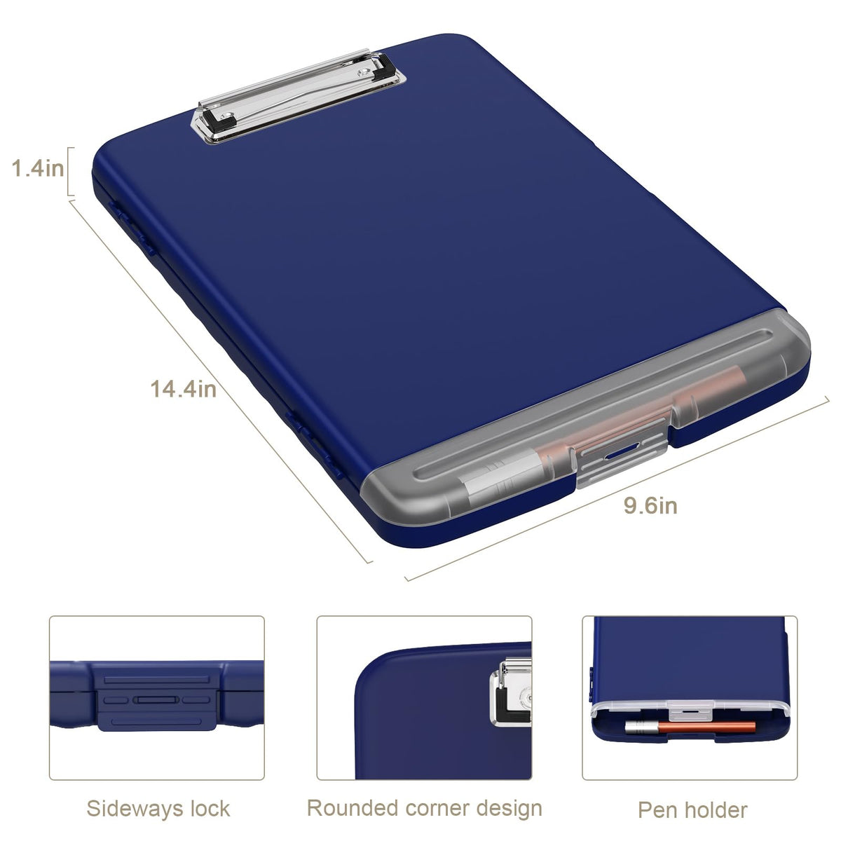 Piasoenc Clipboard with Storage, 8.5 x 11 Organization Box with Pen Holder and A4 Legal Paper Folder, Heavy Duty Plastic, Folio & Side-Opening, Low Profile Clip for Nurses, Teachers,Navy Blue