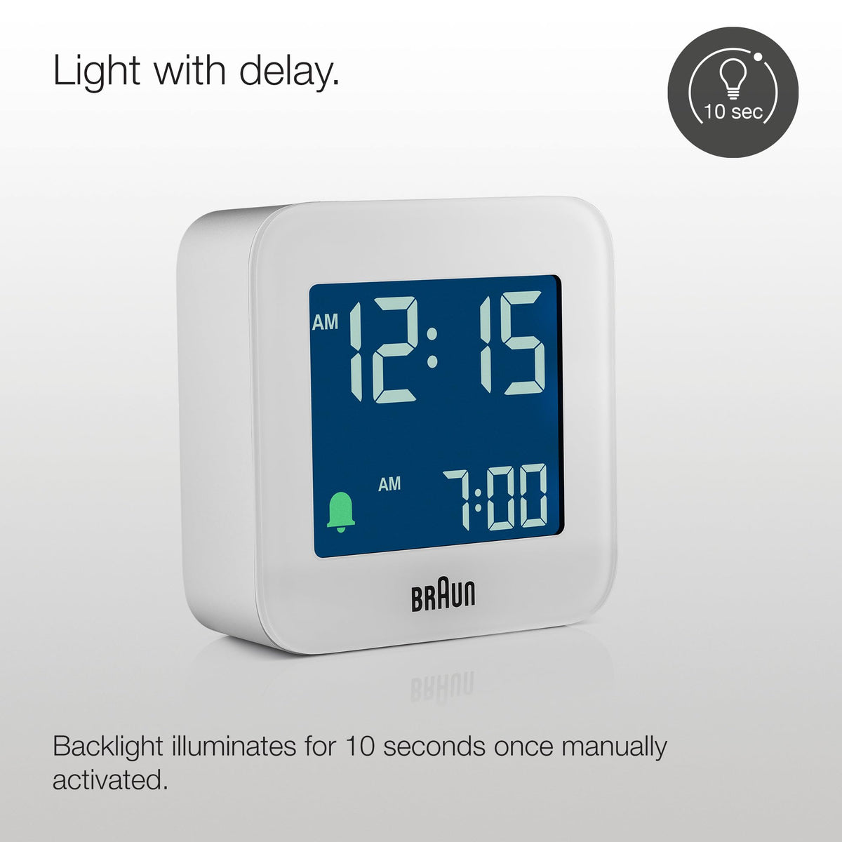 Braun Digital Travel Alarm Clock with Snooze, Compact Size, Negative LCD Display, Quick Set,Crescendo Beep Alarm in White, Model BC08W.