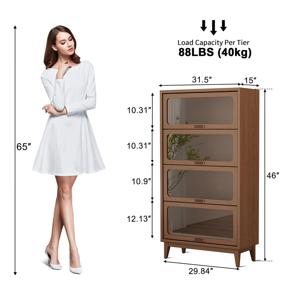 AnywaysWood Solid Wood Bookcase 4-tire with Tempered Glass Flip-Up Doors,60Hx13.7Dx32W Bookshelves Finish Cube Storage Organizer,Bookshelf Versatile Pantry Cabinet for Living Room Home Office