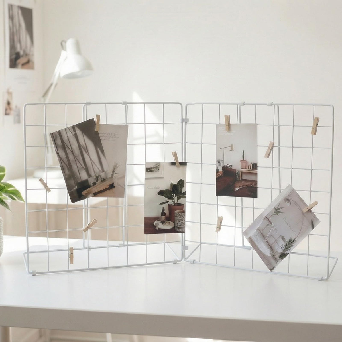 JAJAGOU Foldable Double-sided Desktop Photo Display Rack & Grid Display Board With 20 Wooden Clips – Photo & Accessory Organizer For Home Office White