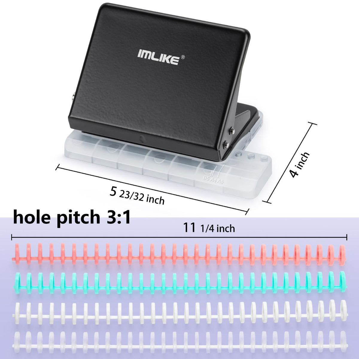 IMLIKE 10-Hole Binding Machine for Planners - Metal Manual Binding System with 10 Multi-Color 30-Hole Loose Leaf Binding Spines - Punches 26 Holes on B5, 30 Holes on A4, 20 Holes on A5 Paper - Black
