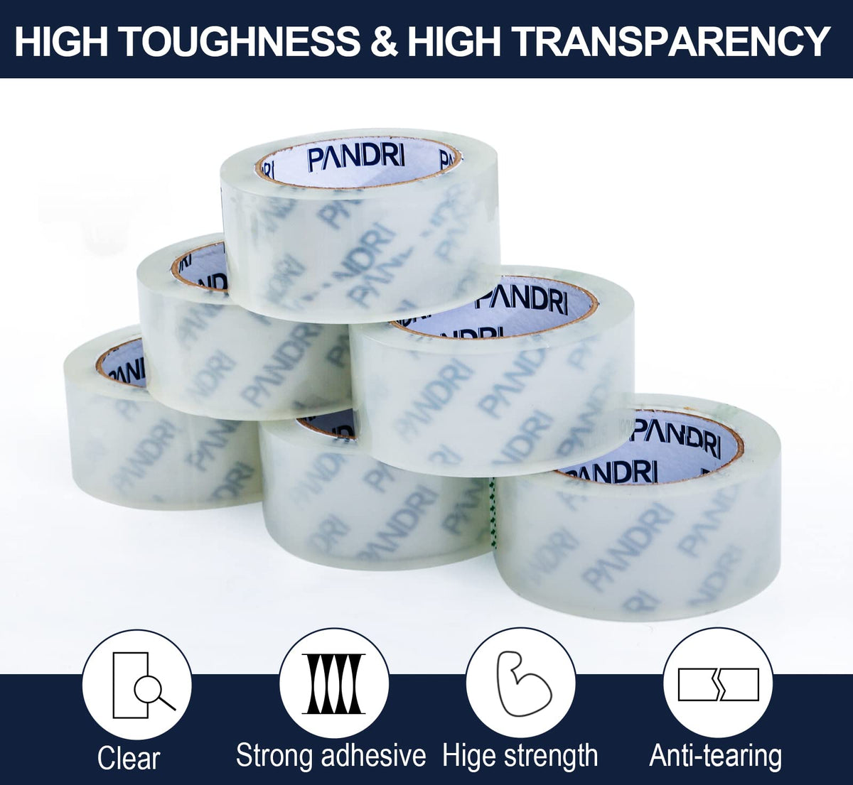 PANDRI Packing Tape, 18 Rolls Heavy Duty Clear Packaging Tape for Shipping Packaging Moving Sealing, 2 inches Wide, 65 Yards Per Roll, Total 1170 Yards