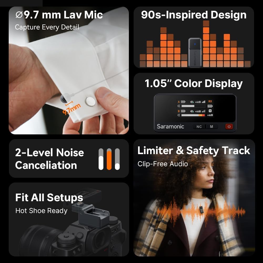 Saramonic Air Wireless Microphone for iPhone/Camera/Android, 11g Ultralight, 48kHz/24-bit,120dB Max SPL, 2 Lavalier Microphones, 300m Range, Noise Cancelling, Vlog, Streaming