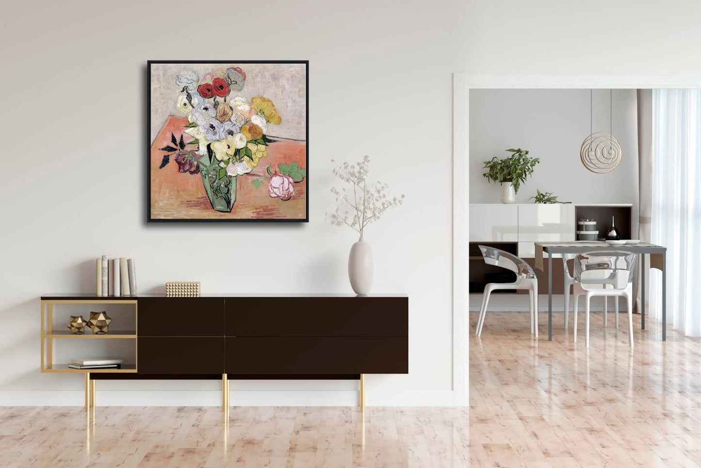 Wieco Art Framed Wall Art Japanese Vase with Roses and Anemones by Vincent Van Gogh Oil Paintings Reproduction Artwork Flowers on Canvas Wall Art for Home and office Decorations
