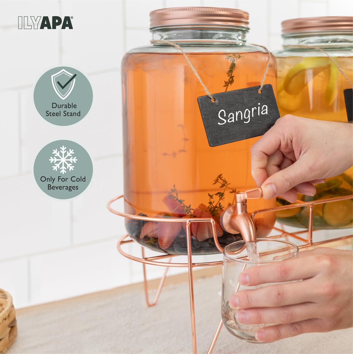 Ilyapa Rose Gold Double Glass Beverage Dispenser with Stand - 2 Gallon Large Drink Dispensers for Parties with Stainless Steel Spigot For Drinks