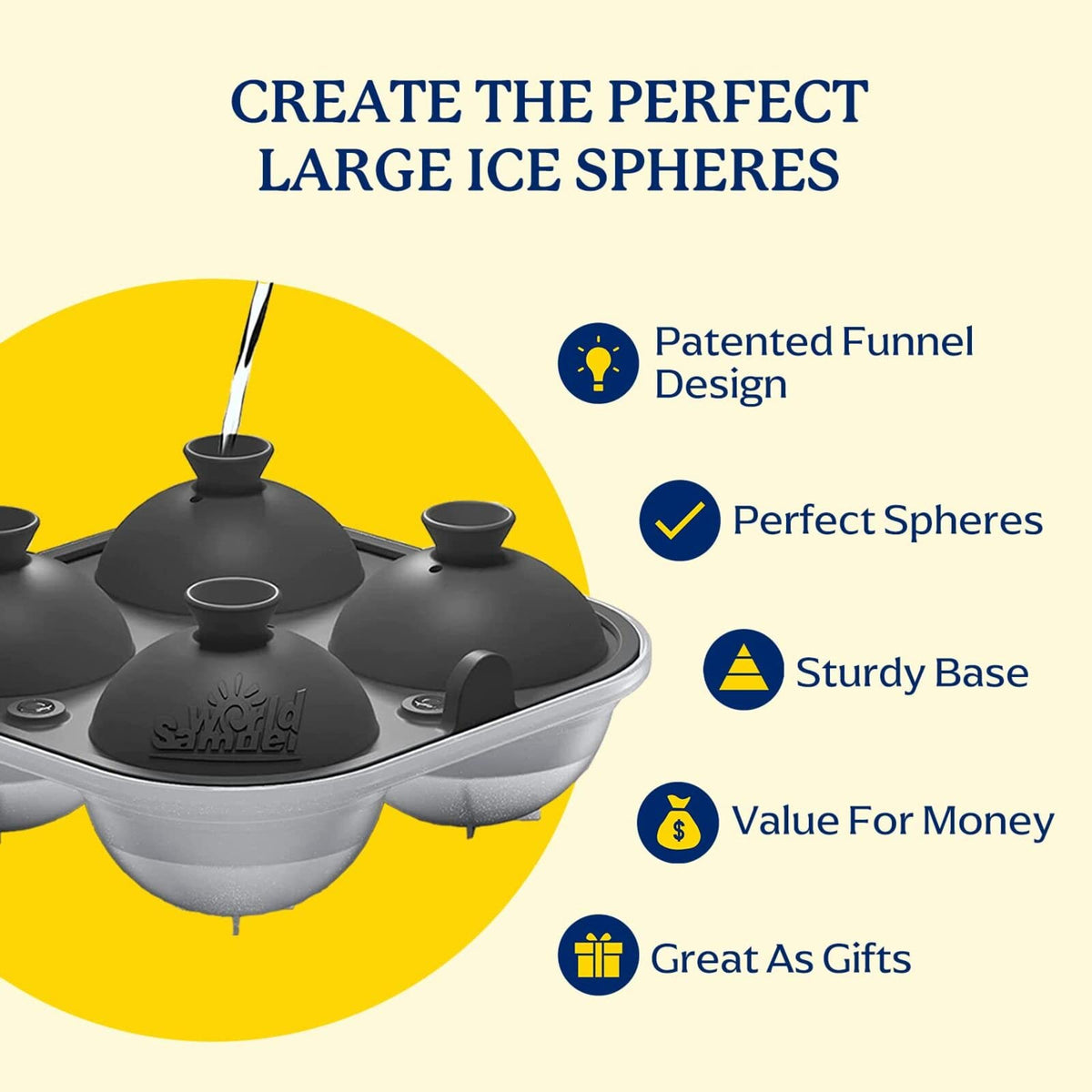 Samuelworld Large Silicone Premium Ice Trays, 2-Pack Combo, 2 Inches Big Cubes & 2.5 Inches Sphere Ice Molds - BPA Free, Craft Ice Maker for Gifting, Whiskey, Cocktails, Easy Release - Gray
