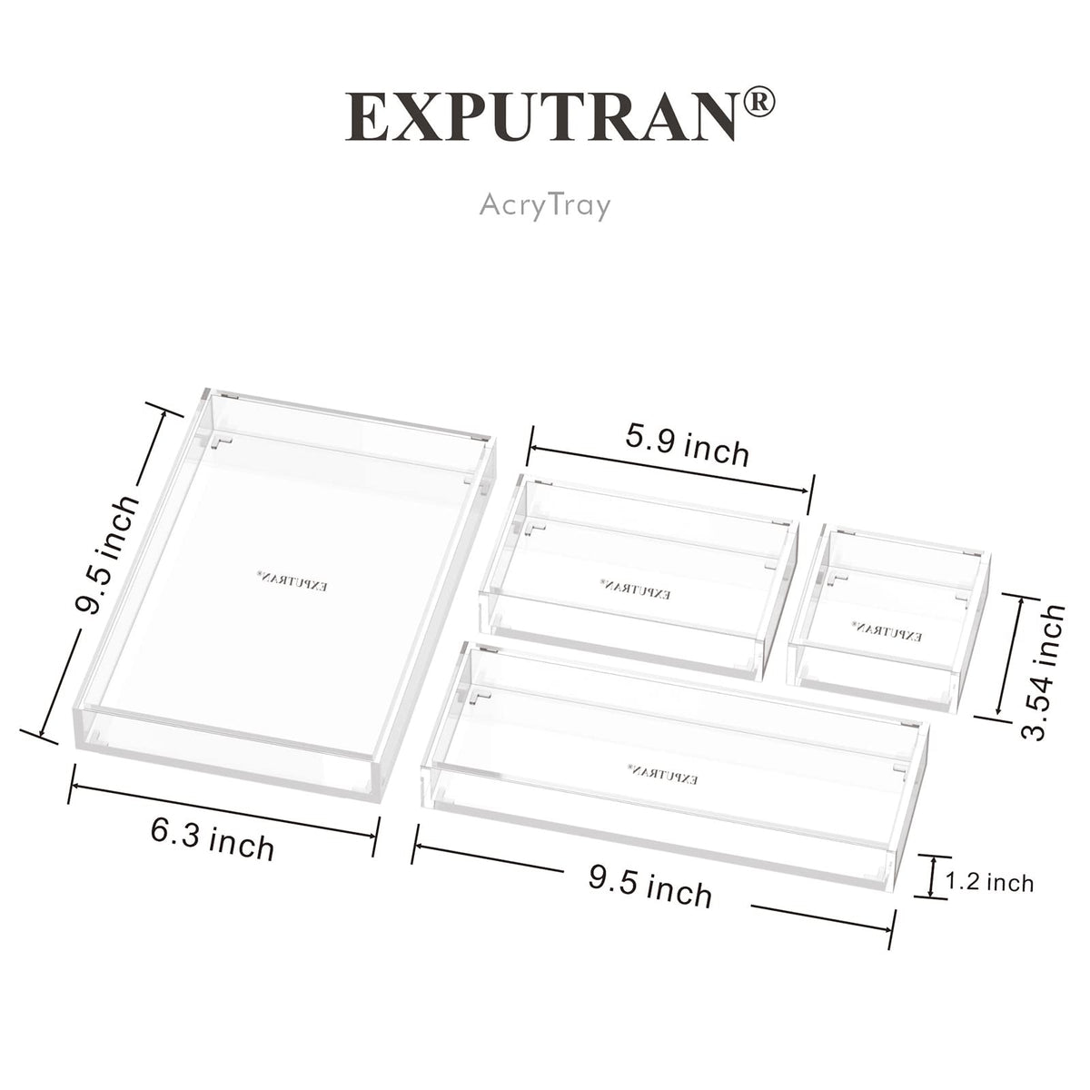 EXPUTRAN Clear Acrylic Desk Organizer for Office or Home Desk Drawer Dividers, Makeup Vanity Storage Bins, Stackable 4-Pack, Acrylic Accessory and Half Accessory Tray/Small Tray