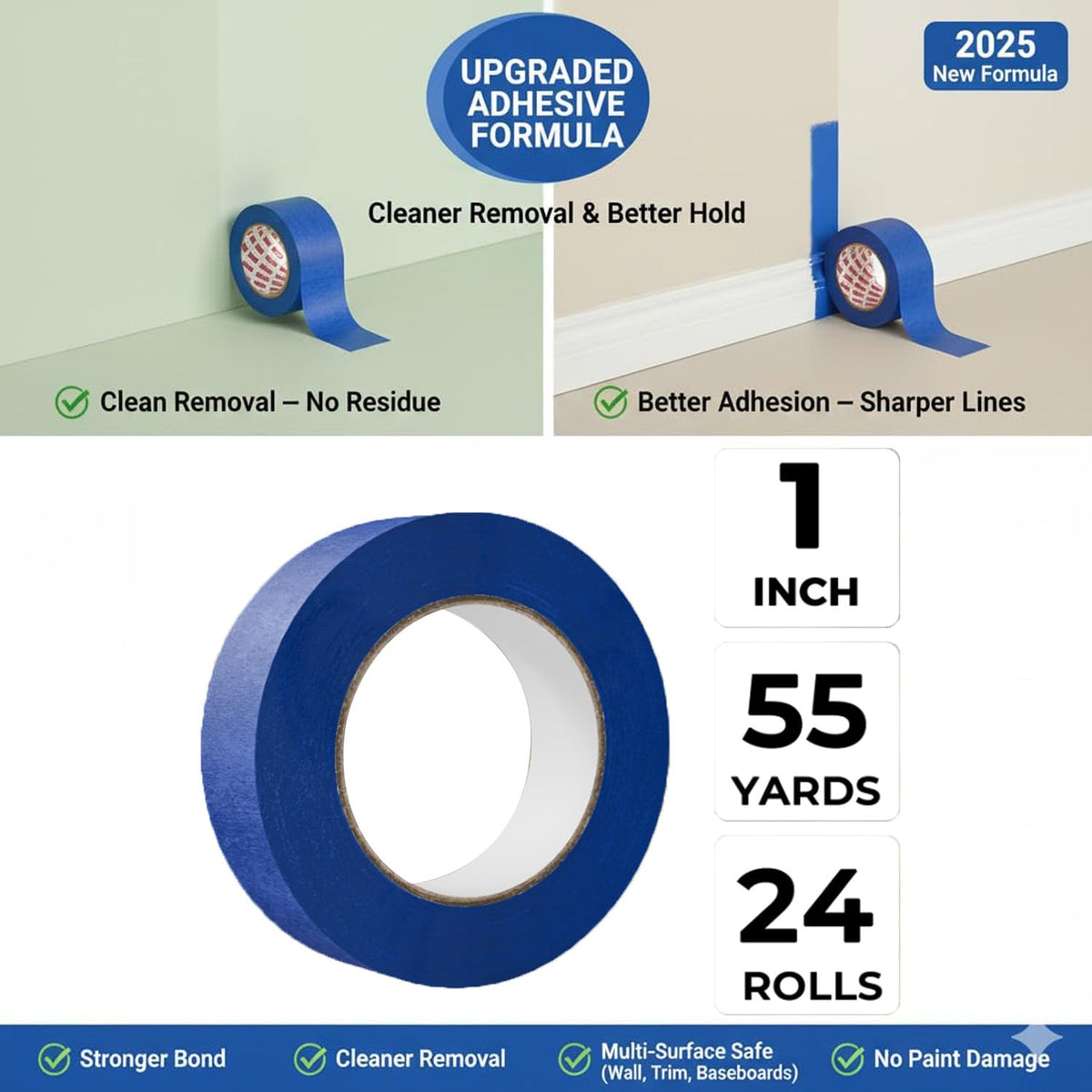 SWRT Blue Painter's Tape 1 Inch x 55 Yards x 24 Rolls (1320 Yards Total) – Upgraded Adhesive Masking Tape, Multi-Surface, Clean Removal, No Residue, for Walls, Trim, DIY, Crafts & Painting Projects