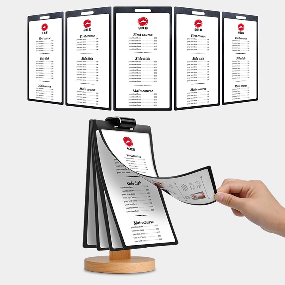 ECKEK Acrylic Sign Holder Multi-Page flip Sign Holder Menu Displays Double Sided 5 Pages-10 Sides, Wood Base Table Top Sign Stand (100*200mm/3.94×7.87 inches)