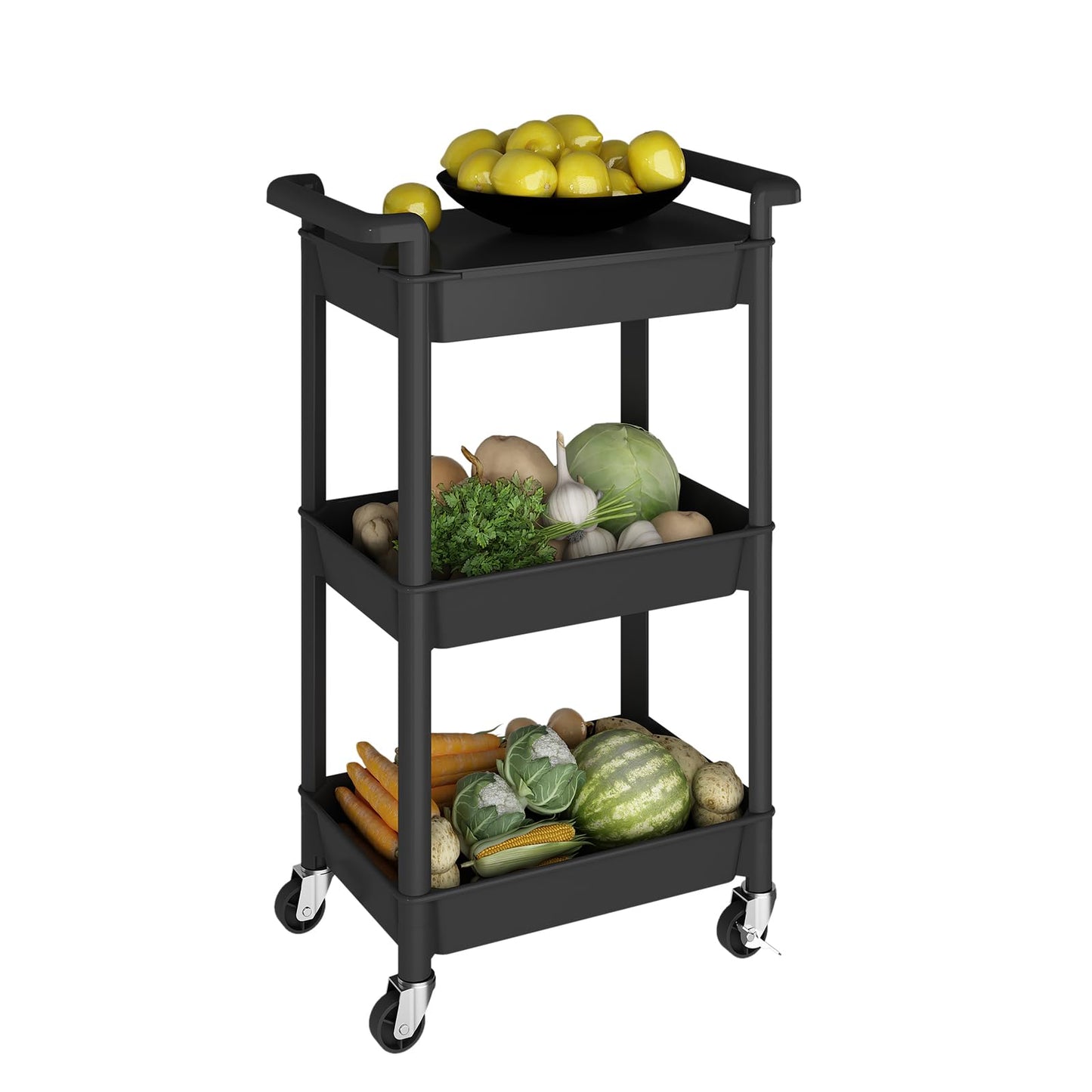 Steehoom 3-Tier Utility Rolling Cart with Cover Top Board, Mobile Utility Cart with Lockable Casters Multi-Functional Storage Trolley for Office, Bathroom, Kitchen, Garden, Laundry Room (Black)