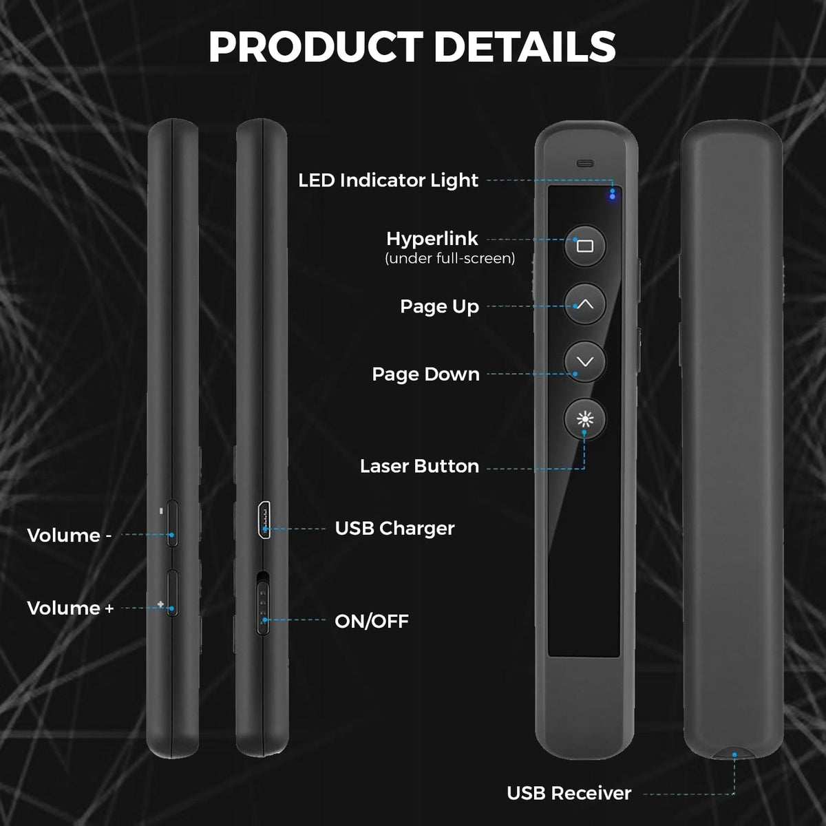 AMERTEER Wireless Presenter Remote – Presentation Clicker with 2.4GHz RF Hyperlink & Volume Control, Built-in Rechargeable Battery, Compatible with Keynote, PowerPoint, Mac, PC, and Laptops