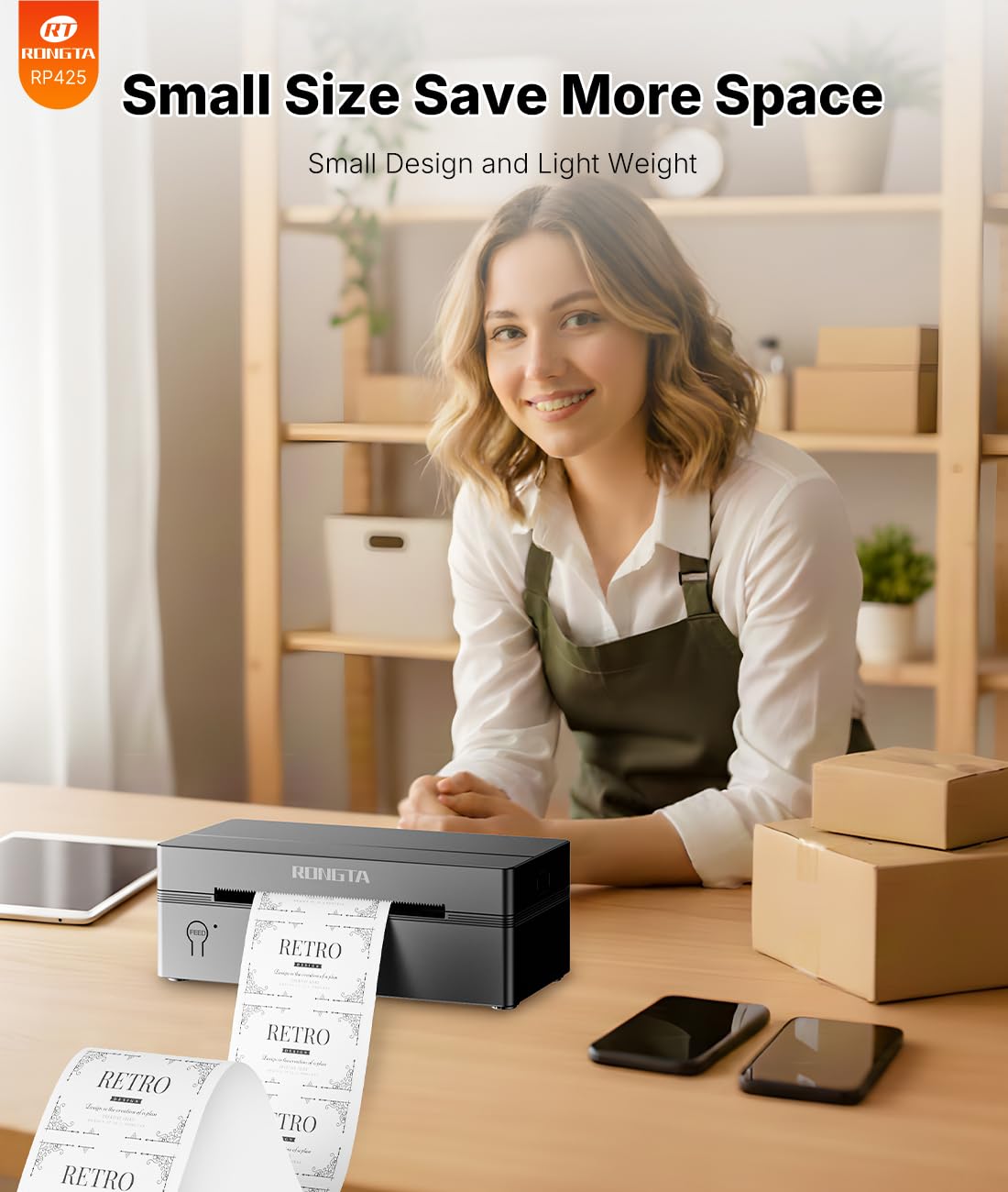 Rongta Bluetooth Thermal Shipping Label Printer, Wireless 4x6 Label Printer for Shipping Packages&Small Business, Compatible Windows/Mac/Android/iOS, Support USPS, UPS, Etsy, Shopify, RP425
